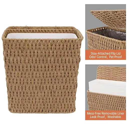 Coeusy 3 Gallon Paper Rope Bathroom Trash Can,Small Wicker Trash Cans with Lid and Liner,Woven Rattan Narrow Waste Basket for Bedroom,Office,Natural