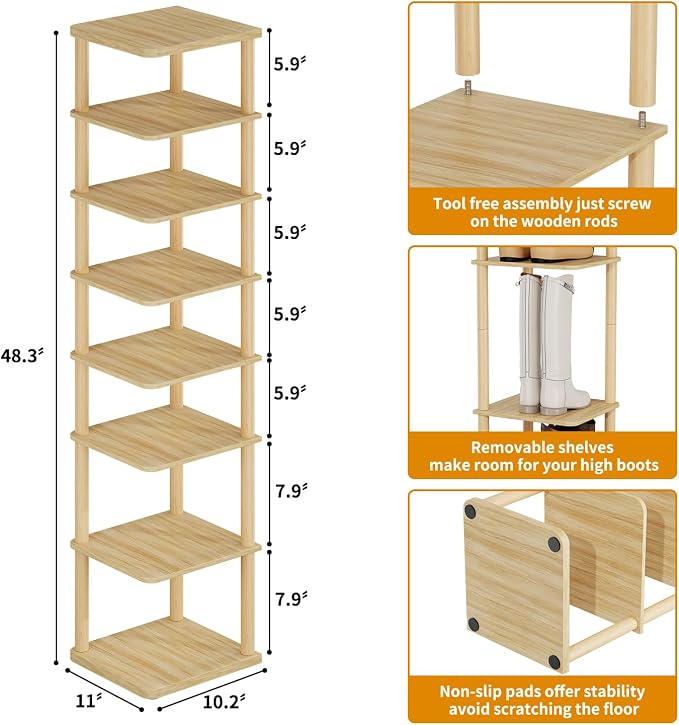 8 Tiers Vertical Shoe Rack Tall Narrow Shoe Tower Corner Shoe Rack, Natural | Small Shoe Organizer for Entryway, Closet, Dorm & Small Spaces, Freestanding Wooden Shoe Shelf for Boots, Sneakers, Heels.