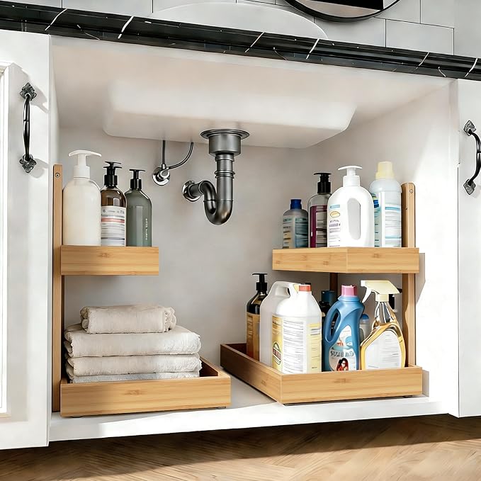 Bamboo Undersink Organizer Storage - 2-Tier Cabinet Shelf with Adjustable Levels, Under Sink Storage Slide Out for Cabinet Pantry Kitchen Bathroom (Natural, 2 Packs)