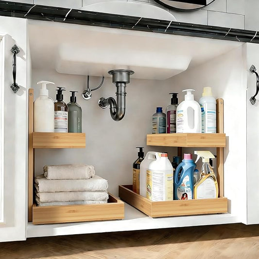 Bamboo Undersink Organizer Storage - 2-Tier Cabinet Shelf with Adjustable Levels, Under Sink Storage Slide Out for Cabinet Pantry Kitchen Bathroom (Natural, 2 Packs)