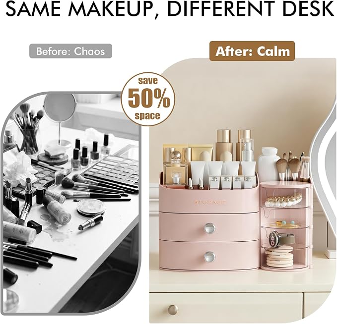 Makeup Organizer Countertop with Drawers, Make up Organizers for Vanity | Skincare Jewelry Earring Organizers, Cosmetic Display Cases Makeup Storage for Bathroom|Dresser, Ideal Gifts for Women(Pink)