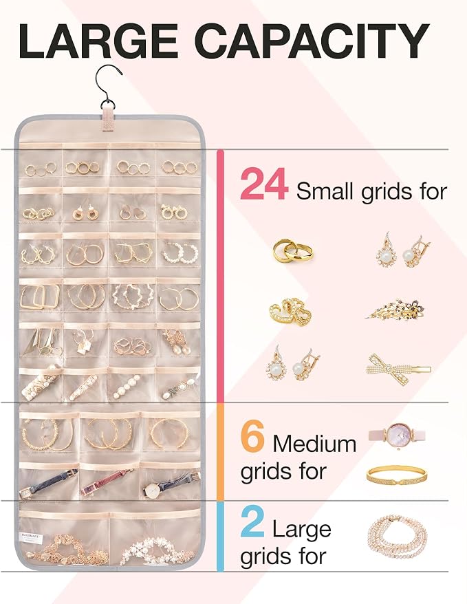 BAGSMART Hanging Jewelry Organizer Necklace/Earring/Ring 2-Sided L Grey | Jewelry Holder Organizer Storage with Hanger Metal Hooks Double-Sided Jewelry Holder on Closet, Wall, Door