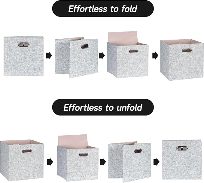 Posprica Collapsible Storage Bins,13×13 Foldable Storage Cube Boxes Fabric Drawer Fabric Storage Bins Vinyl Record Woven Gray, 4 Pack