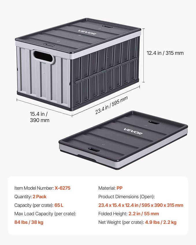 VEVOR Plastic Collapsible Storage Bins with Lids, 65L 2 Packs, Stackable Folding Storage Crates with Handles, Holds 84 lbs Per Bin, Heavy Duty Containers, Space-Saving Baskets, for Home Organizing