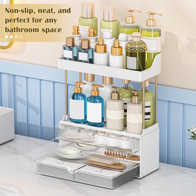 caktraie 3-Drawer 2-Tier Acrylic Makeup & Bathroom Vanity Organizer | Clear,3 smooth drawers, 2 open shelves, dustproof, wipe clean, for large skincare, perfumes, lipsticks, dresser, counter
