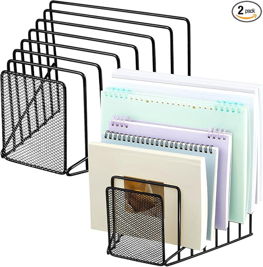 2 Pcs 7 Section Wire File Organizer for Desk, Metal Mesh Incline File Holder, Letter & Magazine Folder Rack, Desktop Paper Sorter for Home Office Back to School (Black)