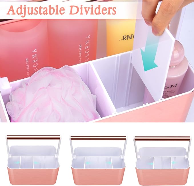 BYUNER Compact Shower Caddy Dorm - Portable Bathroom Caddy Organizer with Handle and Adjustable Divider for College Dorm & Shared Bathroom, Hard Plastic Shower Basket Tote for Toiletry Drainage, Pink