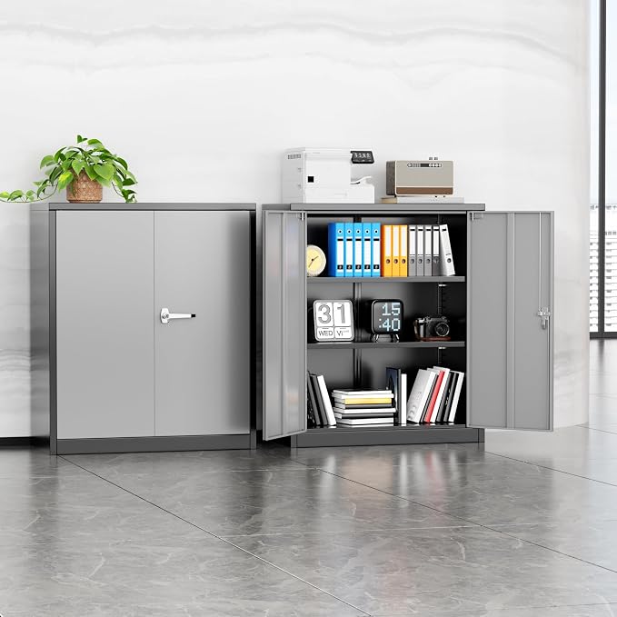 INTERGREAT Metal Garage Storage Cabinet, 36" Locking Counter Cabinet with 2 Locking Doors and 2 Adjustable Shelves, Small Steel Cabinet for for Home Office, Gym, School(New Grey)