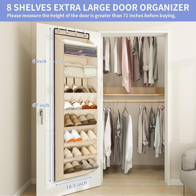 FENTEC 1 Pack Over The Door Shoe Organizer, 68" Exlarge Deep Pockets Hanging Shoe Organizers, 8-Tier Shoe Rack for Closet, Shoe Holder for Boots,Over Door Organizer in Home, RV, Dorm, Beige