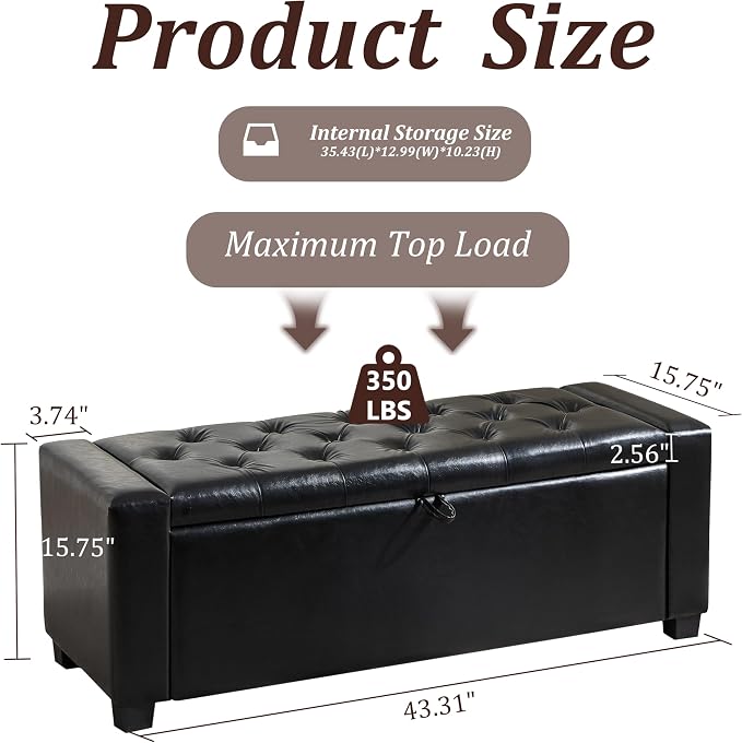 Royal Windsor Ottoman with Storage,Tufted Storage Bench with Safety Hinge,Holds up to 350 lb,Upholstered Bench with Seating for Bedroom, Living Room,Entryway,Leather Black