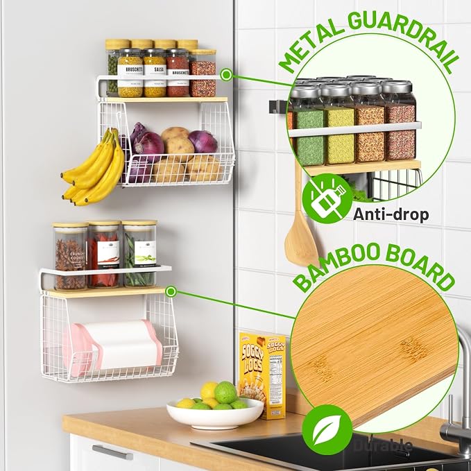 Magnetic Shelf for Fridge with Wood Lid, Fruit Potato and Onion Storage Bins, Pantry Organizers & Storage, Large Container Magnetic Spice Rack for Refrigerator, Kitchen Counter (White, 2)