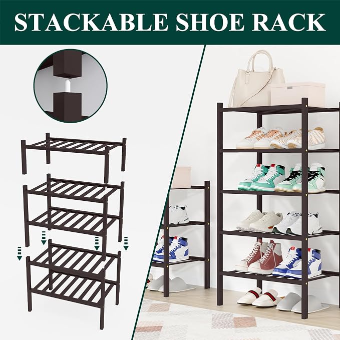 Smiry Bamboo Shoe Rack, 12 Vertical Slats, 4 Tier - 17.3" Wide, Brown | Stackable Free Standing Wooden Shoe Organizer, Wood Shoe Storage Shelf for Closet, Entryway