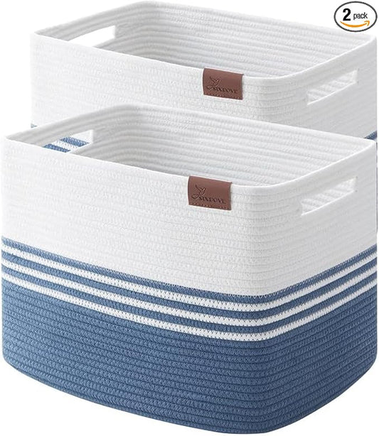 Storage Baskets, 42L*2 Pack Storage Baskets for Organizing, Laundry Basket for Closet, Cotton Rope Blanket Basket for Storage, Toy Storage Basket for Living Room, Laundry Room, Bedroom-Navy