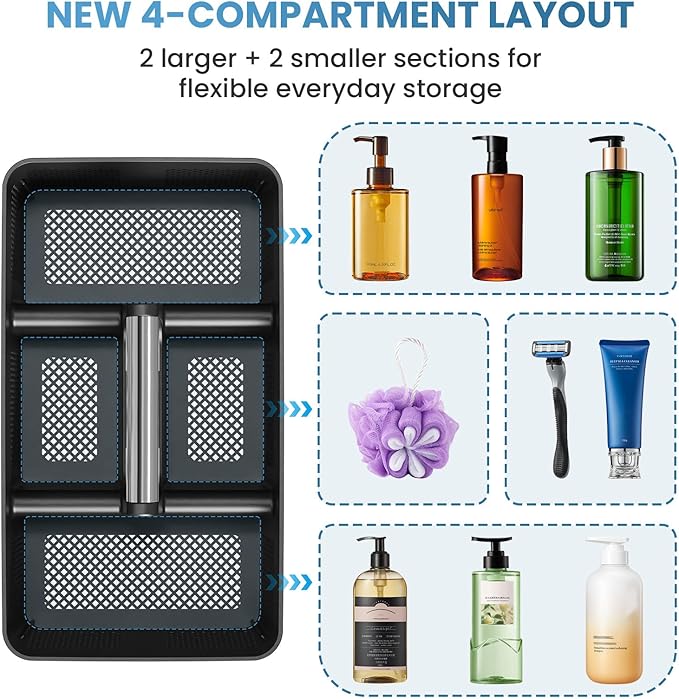 BYUNER 2Pack Plastic Shower Caddy: Portable Hard Bathroom Basket Tote with Handle, 4 Divided Compartments, All-Side Drainage, Non-Mesh Shower & Cleaning Caddy Organizer for College Dorm, Black/Silver