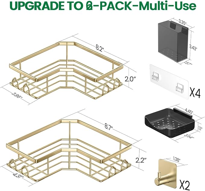 Adhesive Shower Caddy, 6 Pack Corner Bath Organizer, Rustproof Stainless Steel Shower Shelves with Large Capacity, No Drilling Shelves for Bathroom Storage, Home, Kitchen Décor(Gold)