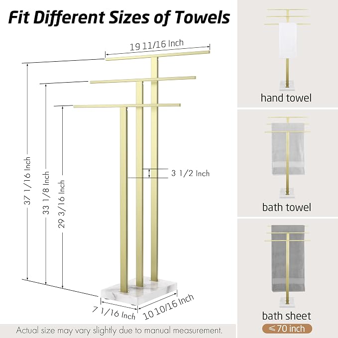 KES 3-Tier Freestanding Towel Rack with Marble Base, 36" Tall, Brushed Gold | Weighted Base Prevents Tipping, Anti-Slip Pads, No-Drill Assembly, Fits Bath Sheets And Hand Towels, For Humid Bathrooms