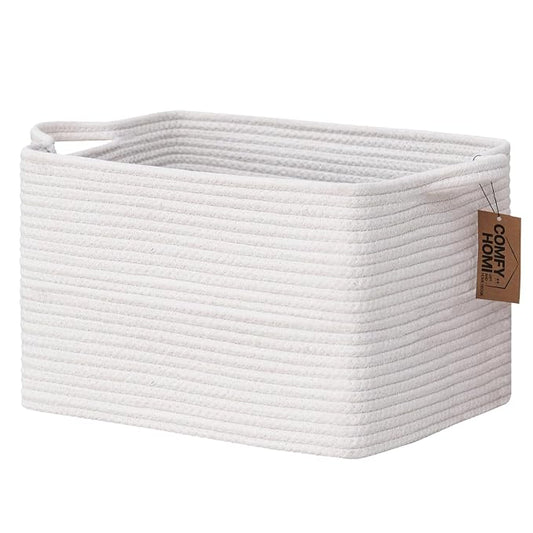 COMFY-HOMI Cotton Rope Woven Basket with Handles for Shelves,Toys,Book, Cloth Storage Baskets Bin for Organizing- 1 PCSToy Decorative Organizer for Living Room, Bathroom