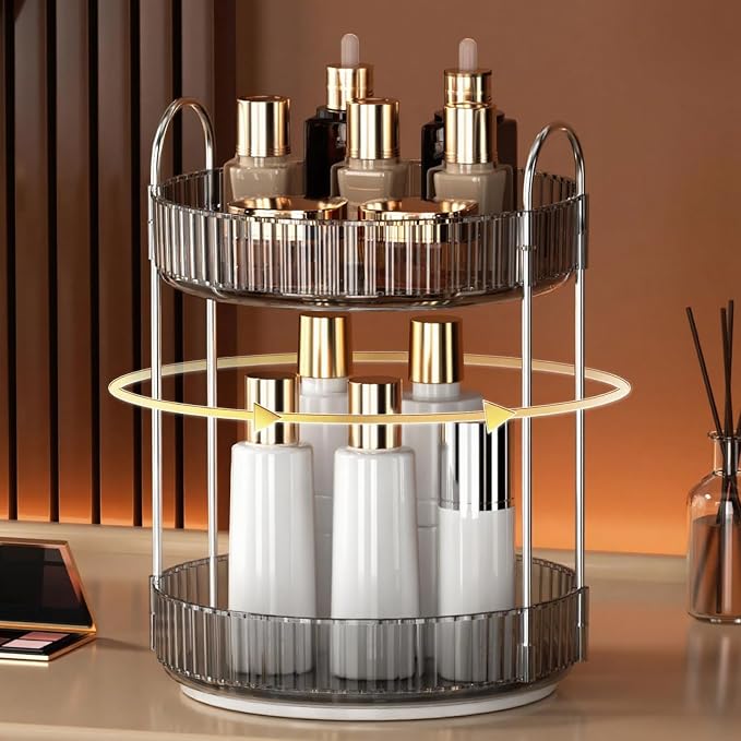 YCIA&DONE 360 Rotating Makeup Organizer and Storage for Vanity Countertop 2 Tiers, High Capacity Cosmetic Skincare Perfume Organizers for Dresser Bathroom Lazy Susan (Smoky Gray)