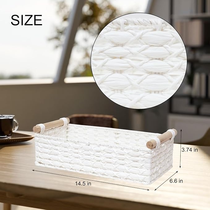 Small Storage Basket Wicker Baskets for Organizing with Handle Decorative Storage Bins for Countertop Toilet Paper Basket for Toilet Tank Top Small Baskets Set,White