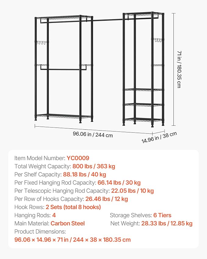 VEVOR Clothing Garment Rack, Heavy Duty Closet Wardrobe, Adjustable Tiers Clothes Racks with Steel Frame, for Bedroom, Clothing Store, Hallway