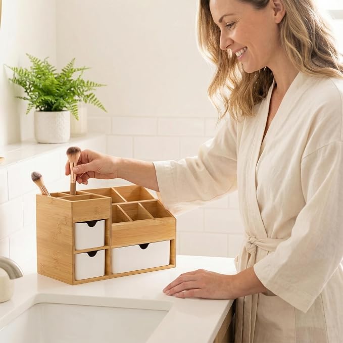 Bamboo Makeup Organizer, 11.5x5.4in | 3 Drawers, Dresser Cosmetic Organizer Box, Bamboo Desk Organizer for Home, Adjustable Dividers