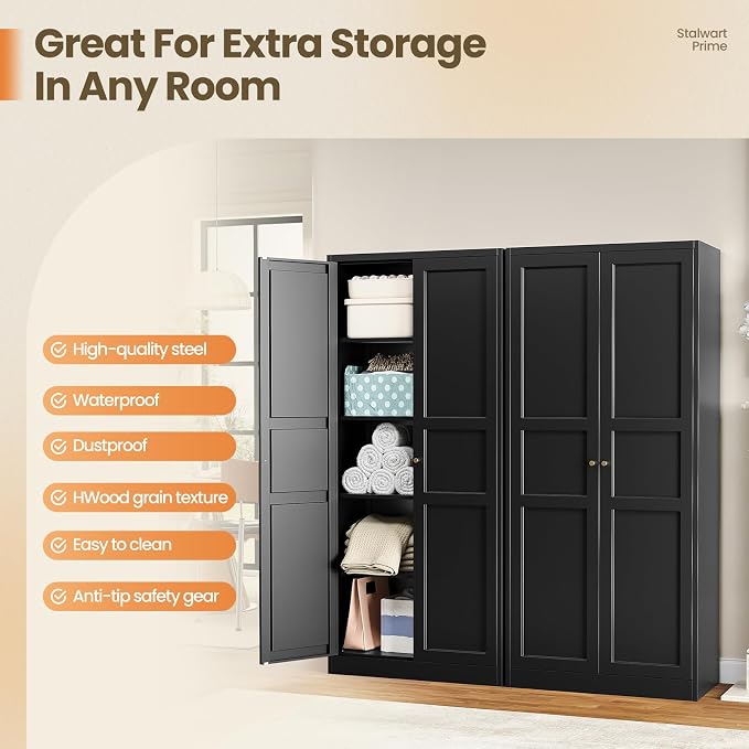 Yizosh Metal Storage Cabinet with 2 Doors and 5 Adjustable Shelves - 71" Black Kitchen Pantry Storage Cabinet, 5-Tier Tall Steel Cabinet Locker for Kitchen, Living Room, Dining Room
