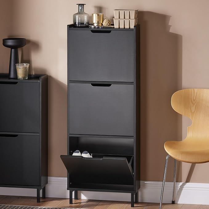 Haotian Slim Shoe Cabinet Entryway | Hidden Shoe Storage with Three Flip Drawers to Save Space, Freestanding Shoe Rack for Front Door, Entryway, Hallway (Black)