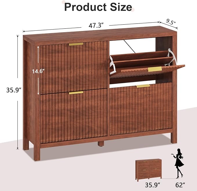 47" Fluted Shoe Cabinet Stoarge with 4 Flip Drawers for Entryway, Hallway | Hidden Shoe Rack Slim Freestanding Shoe Organizer with Legs for Hallway, Living Room, Red Walnut