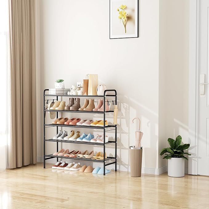 VILICK 5 Tier Shoe Rack 33" Wide Metal Shoe Organizer Long Shoe Storage with 4 Side Hooks Sturdy Shoes Shelf for Closet, Front Door Entrance, Garage, Dorm, Black