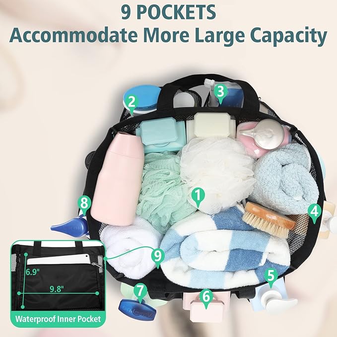 Mesh Shower Caddy Portable - 8 Pockets Extra Large Shower Bag for Dorm | S-Hook, Quick-Dry, Hanging Toiletry Organizer, College Dorm Room Essentials for Girls, Gym, Travel & Bathroom, Black