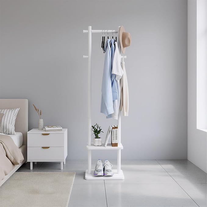 Wooden Coat Rack Stand,Heavy Duty Garment Rack with Shelves,Freestanding Clothes Rack Organizer for Entryway Bedroom Living Room(White)