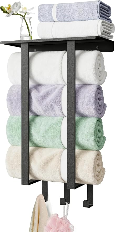 Roll Towel Racks for Bathroom, Bethom Small Wall Shelf with Hooks, Black | Stainless Steel Towel Racks for Bathroom, Wall Mounted with Shelf