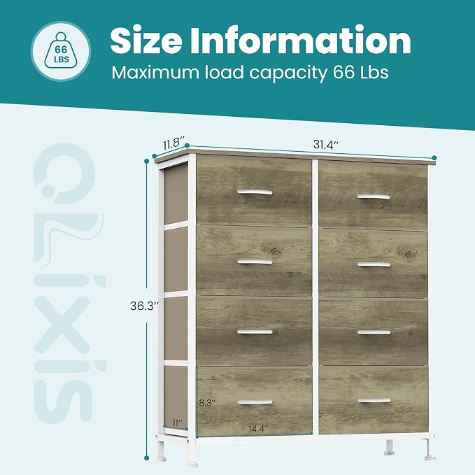 OLIXIS 8 Drawer Storage Dresser for Bedroom, Closet Organizers Units | Fabric Dresser with Wooden Top, Chest of Drawers Clothes Storage, Tower Cabinet, TV Stand Furniture, Oak Greige