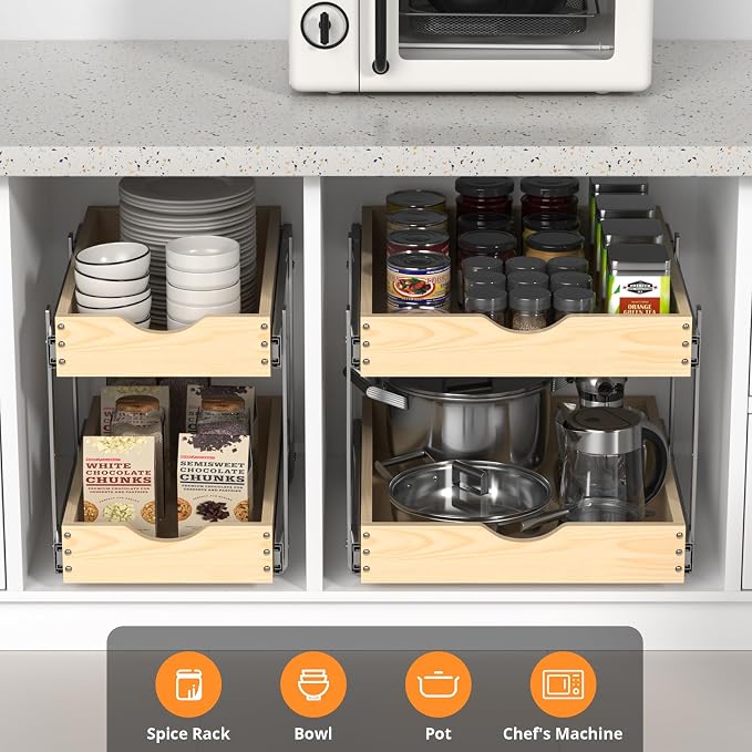 21" Deep 2-Tier Pull Out Cabinet Organizer - Wood Pull Out Drawers | Slide Out Shelves, Full-Extension, Ball-Bearing Slides, 3 Adjustable Heights (2-Tier, 20''W X 21''D Overall)