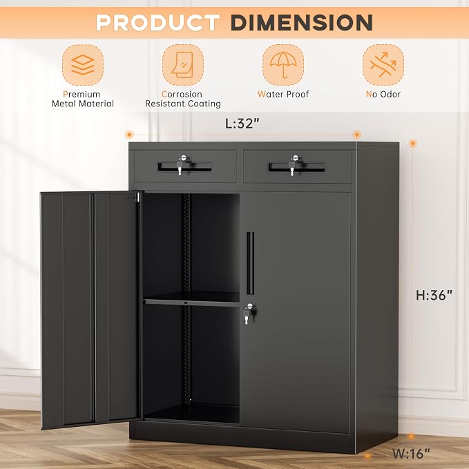 INTERGREAT Metal Garage Storage Cabinets with Lock,Steel Storage Cabinet with Drawer and 2 Adjustable Shelves, Small Lockable Office Steel Cabinet for Home, Warehouse, School, Black