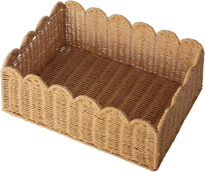 Scalloped Basket, Wicker Storage Baskets, Hand Woven Baskets for Shelves,Natural Baskets for Organizing (M-14" L x 10.5" W x 6" H)