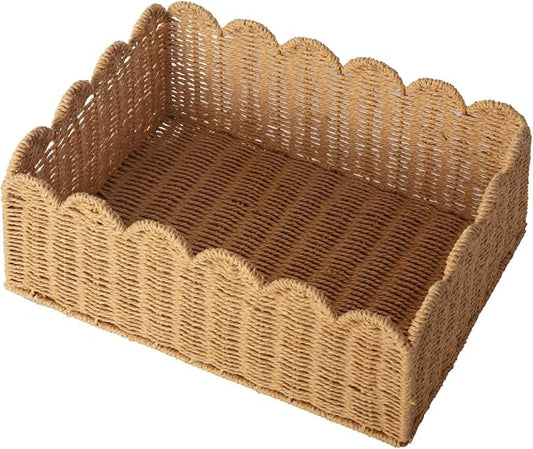 Scalloped Basket, Wicker Storage Baskets, Hand Woven Baskets for Shelves,Natural Baskets for Organizing (M-14" L x 10.5" W x 6" H)