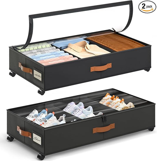 Yecaye Under Bed Storage with Wheels, 2 Pack Under Bed Storage Containers with Adjustable Dividers & Clear Window, Rolling Underbed Organizer Bins Drawers for Clothes, Shoes, Blankets, Black