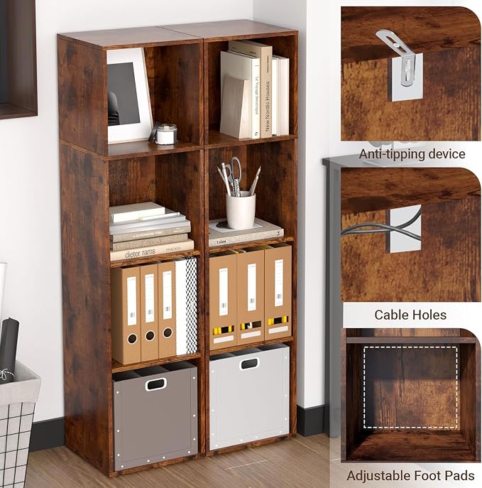 Cube Storage Organizer, 4 Cube Retro Bookshelf, Freestanding 4 Tier Open Shelf, Rustic Brown Retro Shelves for Home Office, Bedroom, Living Room, Study
