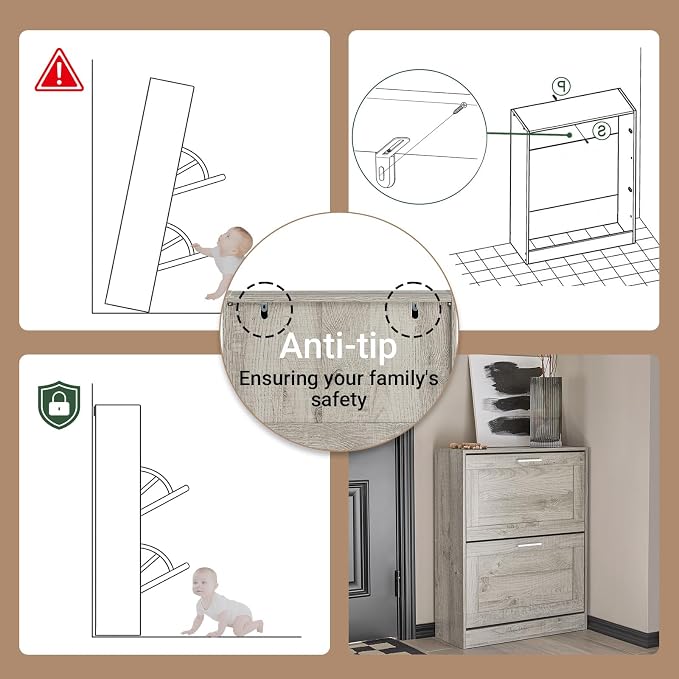 Haotian Enclosed Shoe Rack for Entryway | Shoe Cabinet with 2 Flip Drawers, Slim Shoe Storage Organizer for Hallway or Small Spaces, Grey, FSR137-HG