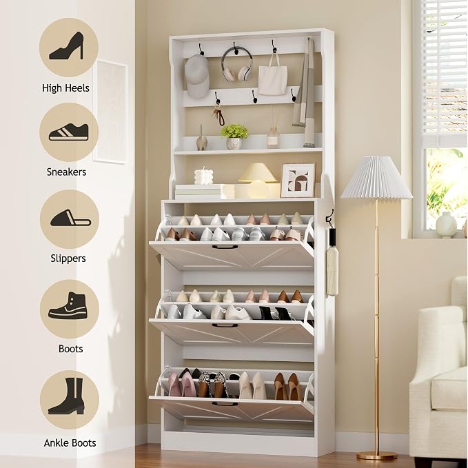 EOYUTLLY Shoe Cabinet Storage for Entryway, Narrow Shoe Rack Cabinet with 3 Flip Drawers & Coat Rack, Hidden Shoe Storage Cabinet, 2-in-1 Hall Tree Slim Freestanding Shoe Rack Organizer, White