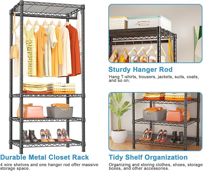 Ulif H4 Mini Portable Closet, 4 Tiers Freestanding Clothing Garment Rack for Small Space, Metal Clothes Wardrobe System for Bedroom, 23.6" W x 14" D x 76.4" H, Load 502 lbs, Black | Metal Clothes Wardrobe System for Apartment, Small Space and Bedroom, ...