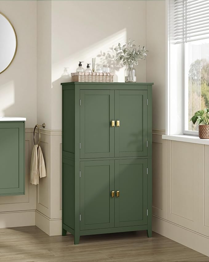 SONGMICS HOME Freestanding Storage Cabinet, Floor Cabinet with Elevated Legs, Metal Handles, for Living Room, Kitchen, Bathroom, Green