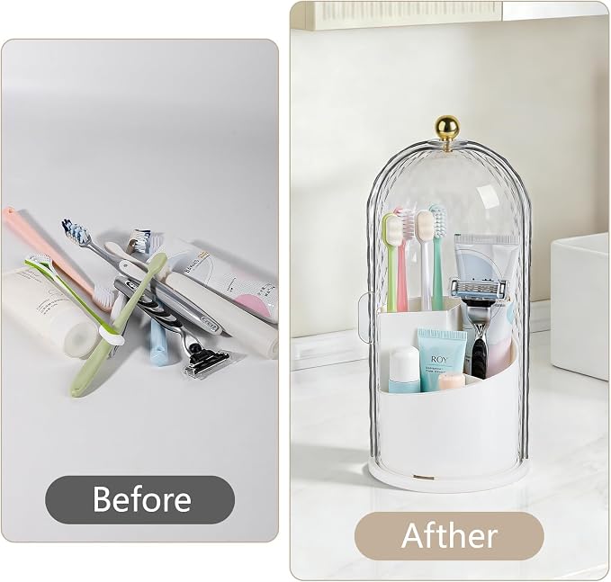 Toothbrush Holder with Cover for Bathroom Countertop, Organizer, White | Rotating 3 Slot Holder for Electric Toothbrushes, Toothpaste, Self Draining Vanity Organizer, Makeup Brush Storage