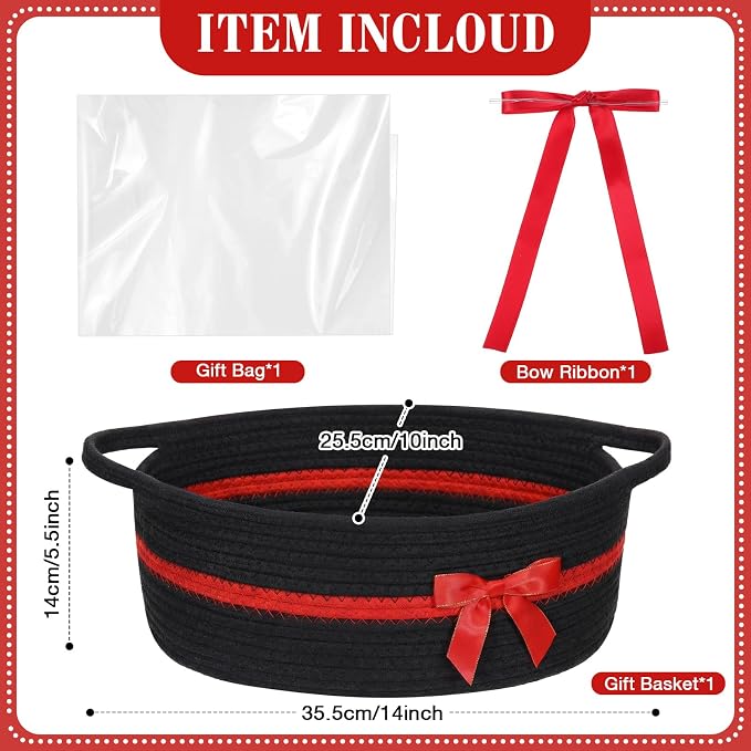 Colingmill 1 Set Woven Empty Basket for Gift,Black Red | with Cellophane Wrap Set, 14 x 10 x 5.5 Inch, Medium Decorative Gift Basket, Cotton Rope Storage Box, Home Decor