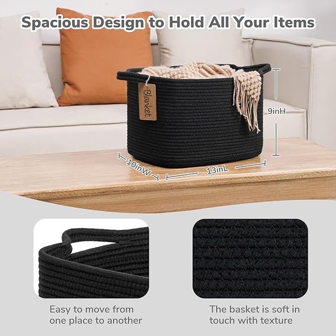 Goodpick Small Woven Storage Basket with Handles, Rectangle, Black | 13 × 10 × 9 in, Cotton Rope, Shelf Organization, Toys, Towels & Books Storage, Living Room & Bathroom Organization