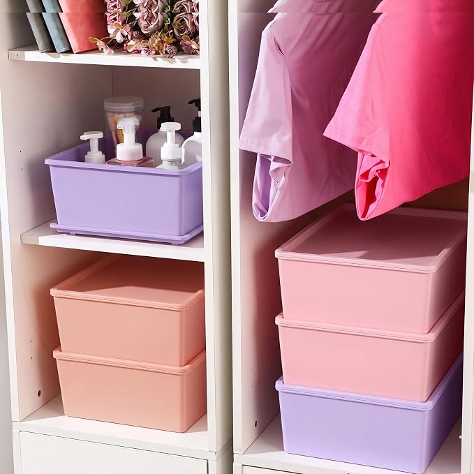 6 Pcs Large Plastic Storage Bins with Lids 14.4 x 10.4 x 5.1 Inch Stackable Storage Containers Decorative Cubby Organizer for Clothes Shelves Garage Closet Office (Pastel)