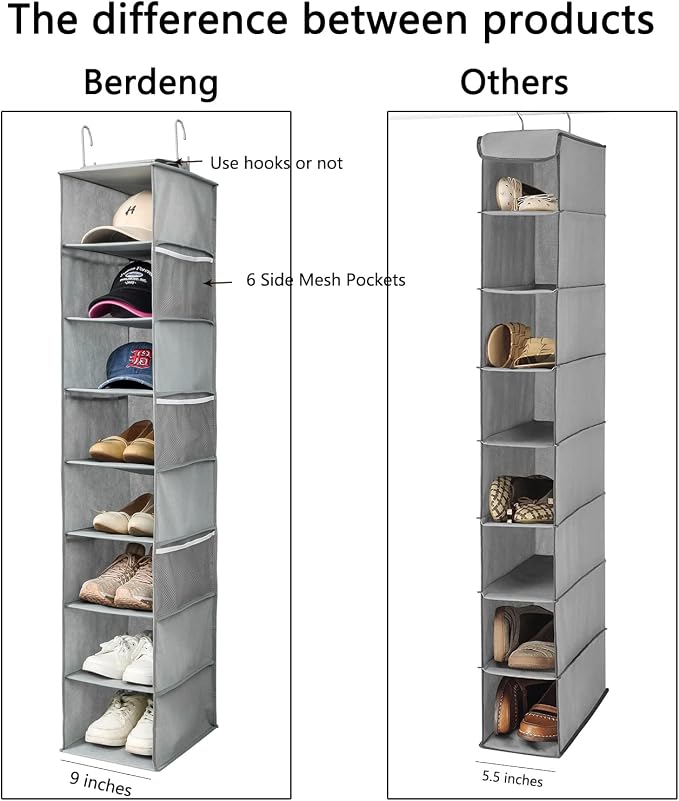 Berdeng Hanging Shoe Organizer for Closet with Side Mesh Pockets，Hat Racks for Baseball Caps，Shoe and Hat Holder & Storage，8-Shelf，Gray，1 Pack