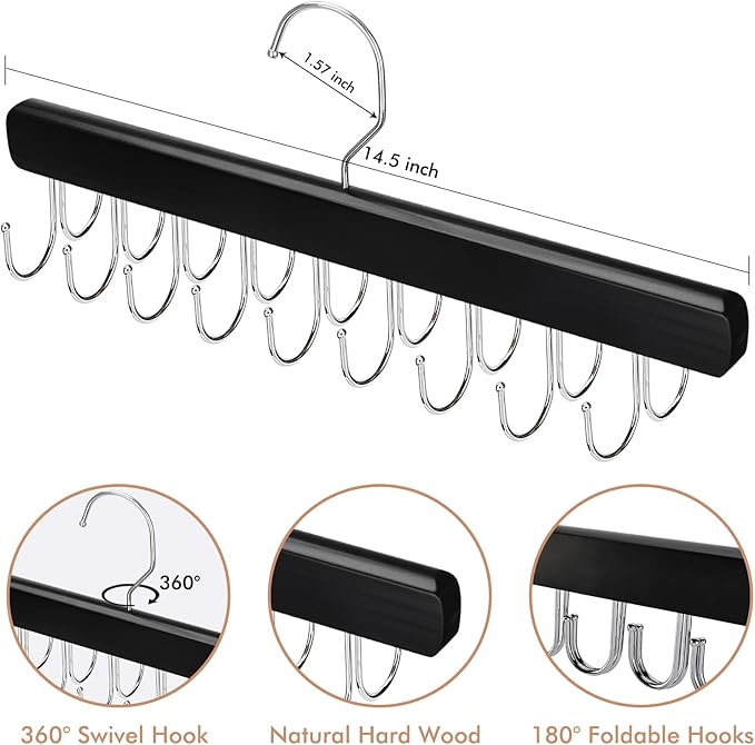 NECAMOCU 2 Pack Bra Hanger for Closet Organizer, Premium Tank Top Hangers | Black Wooden Bra Holder with 36 Foldable Hooks, 360° Rotating Design, Space Saving Storage for Tank Tops, Bras, Belts
