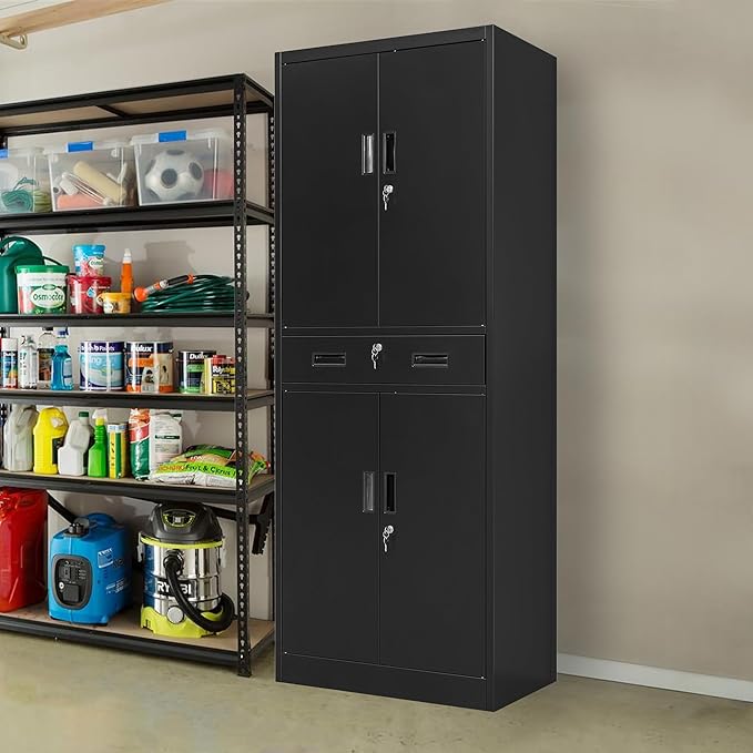 CJF 71" H Tall Metal Storage Cabinet with Drawer, Locking Garage Cabinet with 2 Adjustable Shelves, Heavy-Duty Tool File Storage Cabinets for Home Office, Kitchen, Warehouse, Shop (Black)